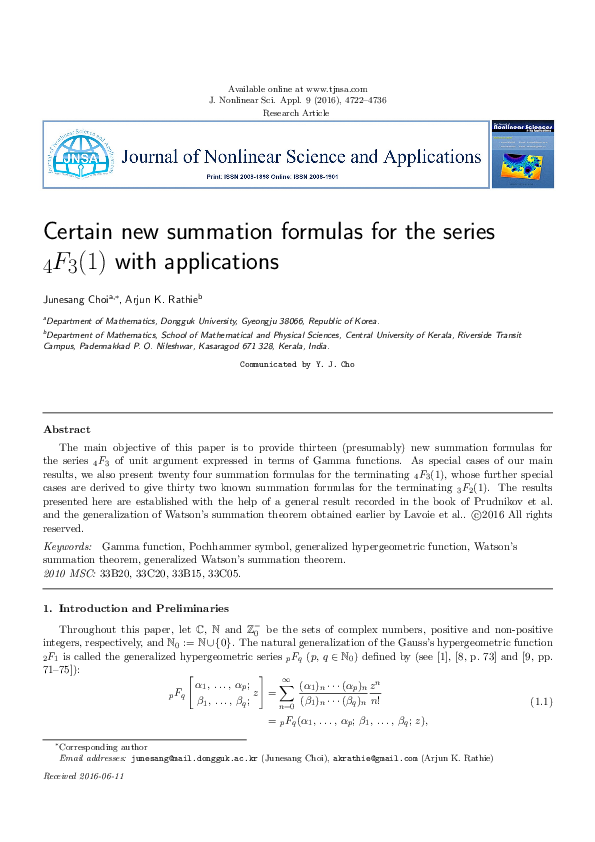 (PDF) Certain new summation formulas for the series 4F3(1) with ...