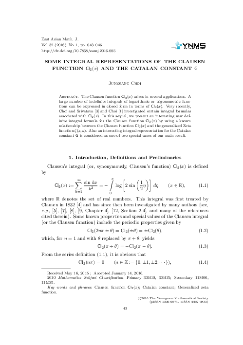 (PDF) SOME INTEGRAL REPRESENTATIONS OF THE CLAUSEN FUNCTION Cl2(x) AND ...