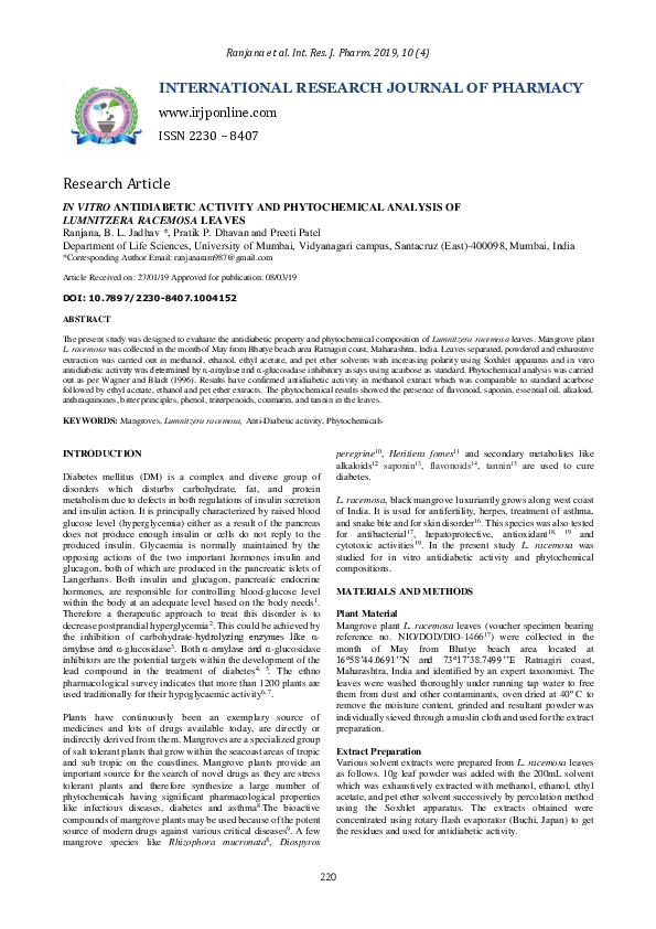 (PDF) In Vitro Antidiabetic Activity and Phytochemical Analysis of ...