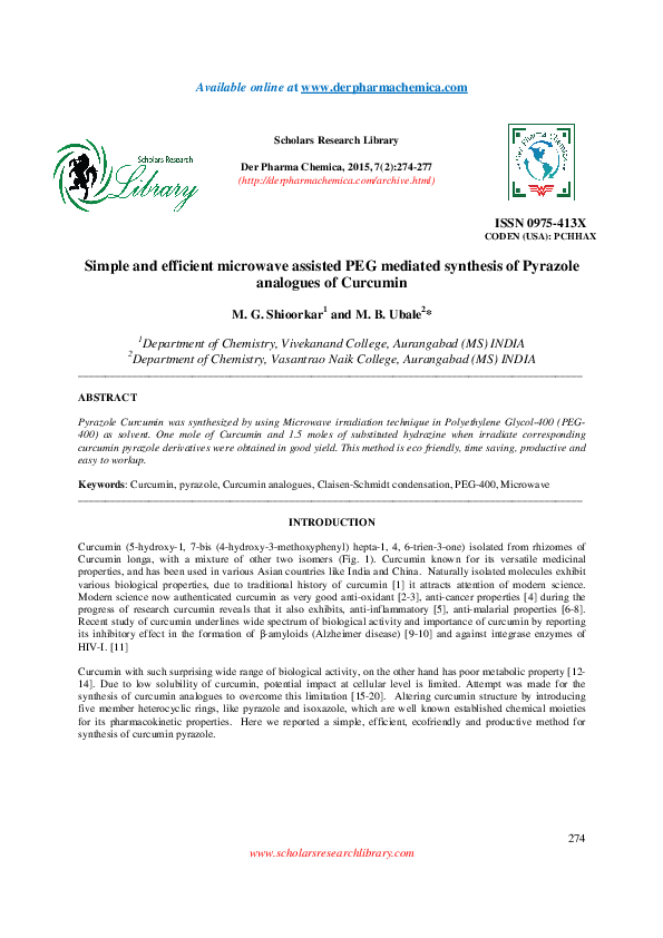 (PDF) Simple and efficient microwave assisted PEG mediated synthesis of ...