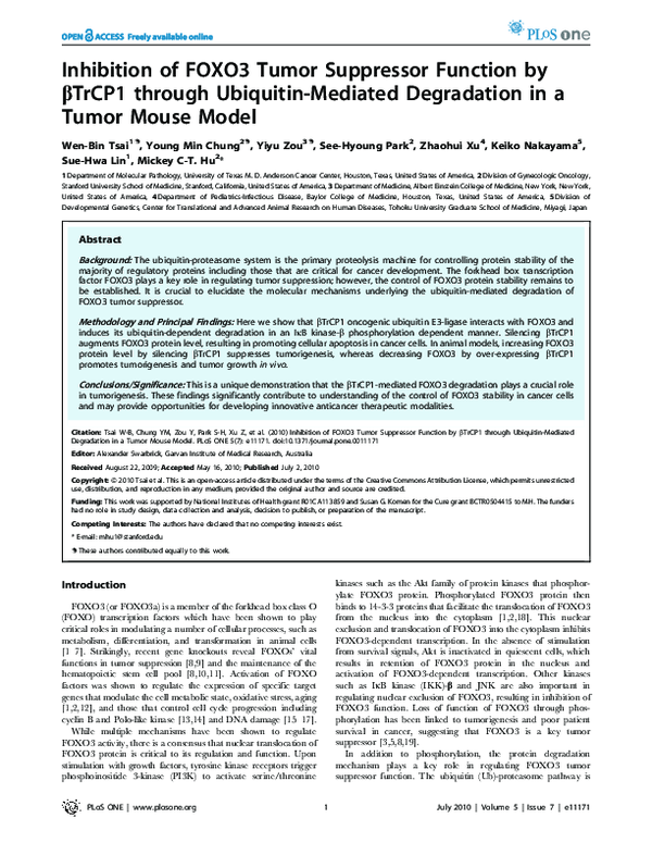 (PDF) Inhibition of FOXO3 Tumor Suppressor Function by βTrCP1 through ...