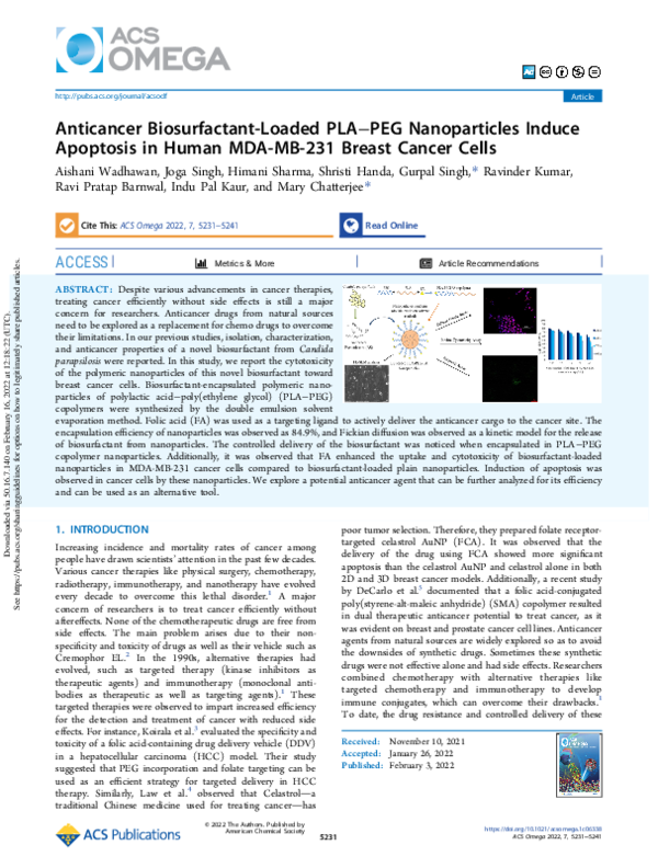 (PDF) Anticancer Biosurfactant-Loaded PLA–PEG Nanoparticles Induce ...