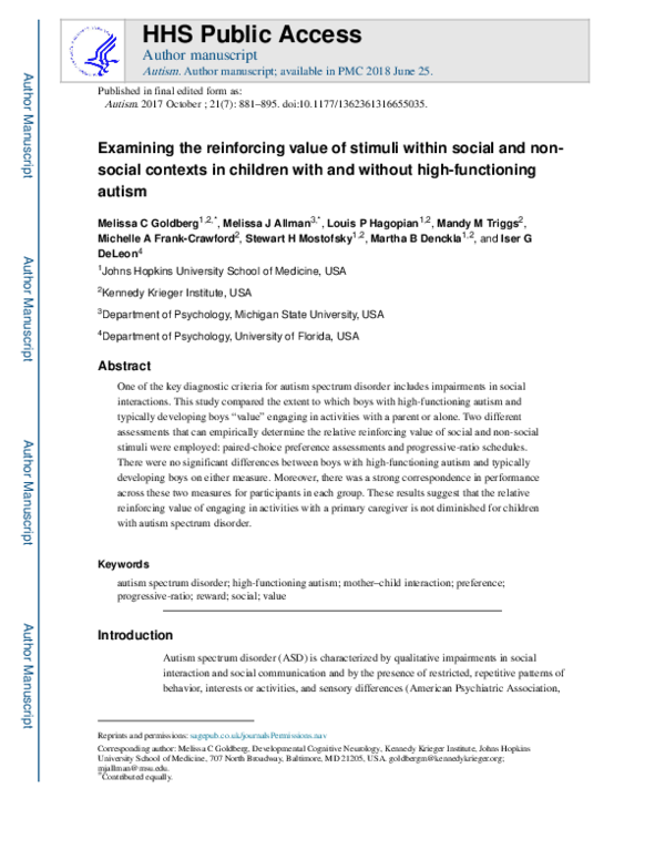 (PDF) Examining the reinforcing value of stimuli within social and non ...