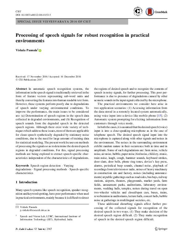 (PDF) Processing of speech signals for robust recognition in practical ...
