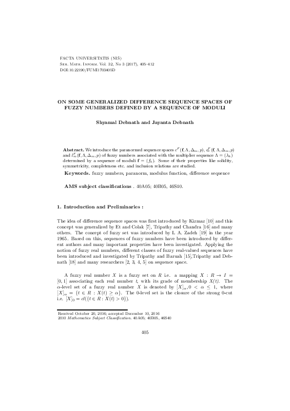 (PDF) On Some Generalized Difference Sequence Spaces of Fuzzy Numbers ...