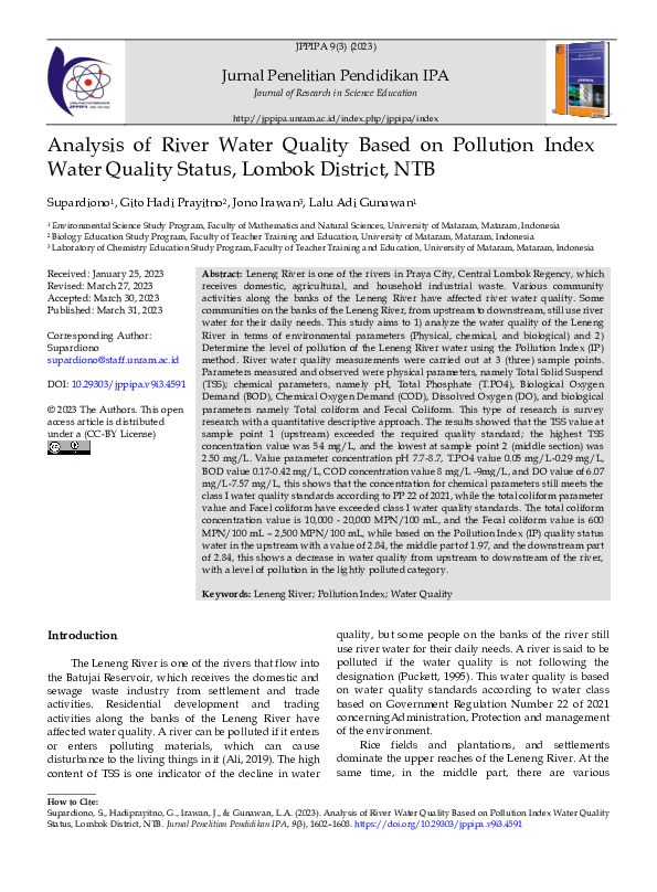 (PDF) Analysis of River Water Quality Based on Pollution Index Water ...