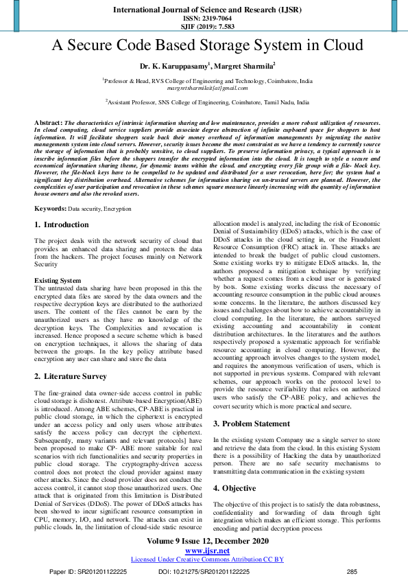(PDF) A Secure Code Based Storage System in Cloud