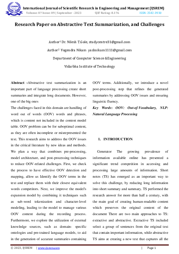 (PDF) Research Paper on Abstractive Text Summarization, and Challenges