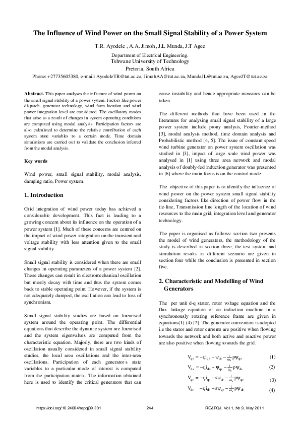 (PDF) The influence of wind power on the small signal stability of a ...