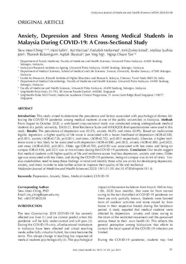(PDF) Anxiety, Depression and Stress Among Medical Students in Malaysia ...