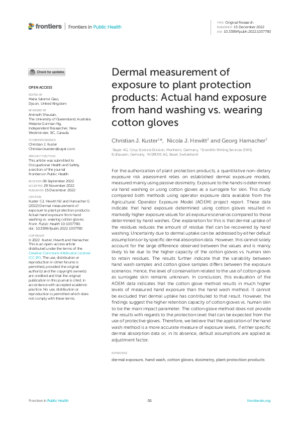 (PDF) Dermal measurement of exposure to plant protection products ...
