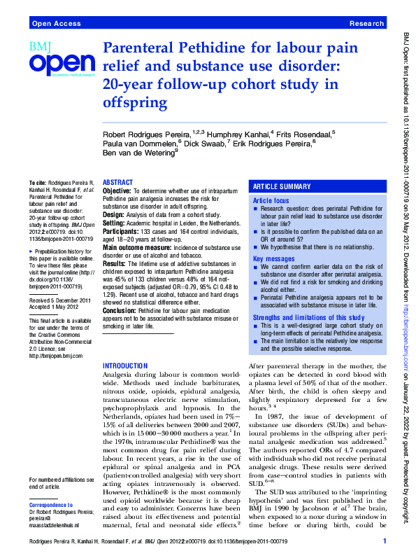 (PDF) Parenteral Pethidine for labour pain relief and substance use ...