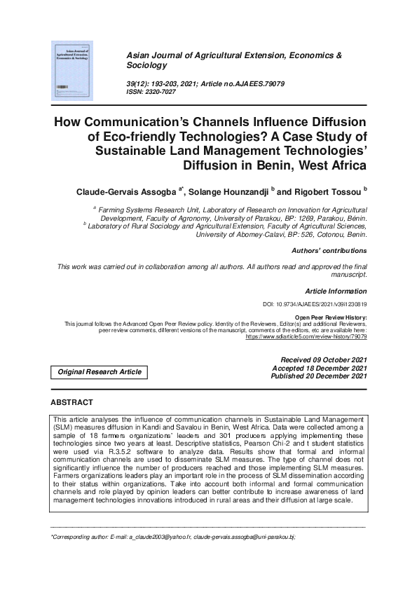 How Communication’s Channels Influence Diffusion of Eco-friendly Technologies? A Case Study of Sustainable Land Management Technologies’ Diffusion in Benin, West Africa