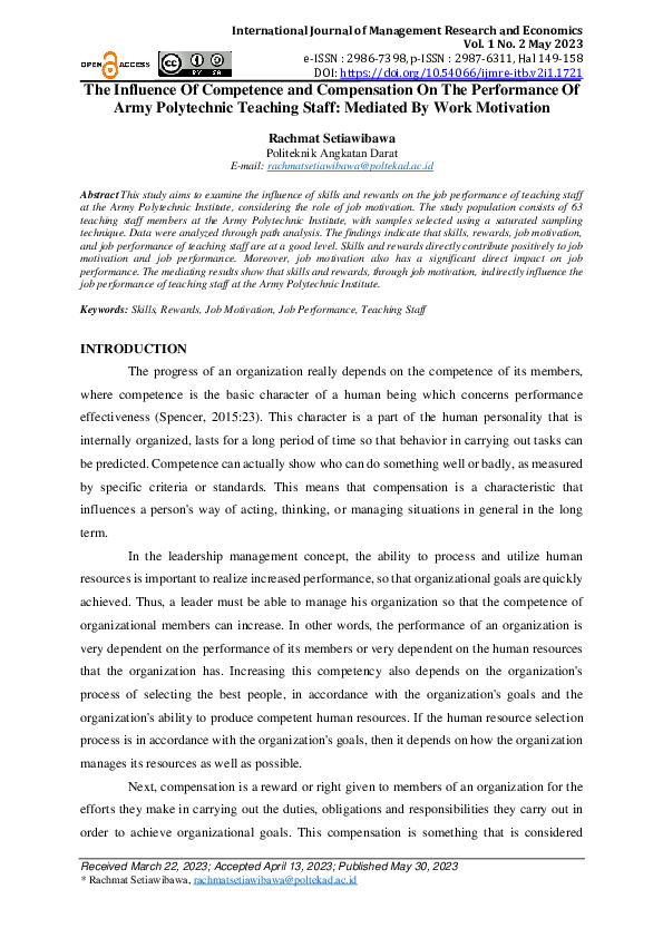 (PDF) The Influence Of Competence and Compensation On The Performance ...
