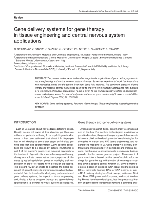 (PDF) Gene delivery systems for gene therapy in tissue engineering and ...