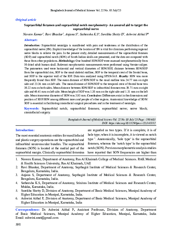 (PDF) Supraorbital foramen and supraorbital notch morphometry- An ...