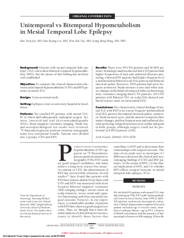 (PDF) Unitemporal vs Bitemporal Hypometabolism in Mesial Temporal Lobe ...