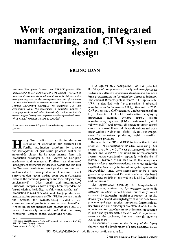 (PDF) Work organization, integrated manufacturing, and CIM system design