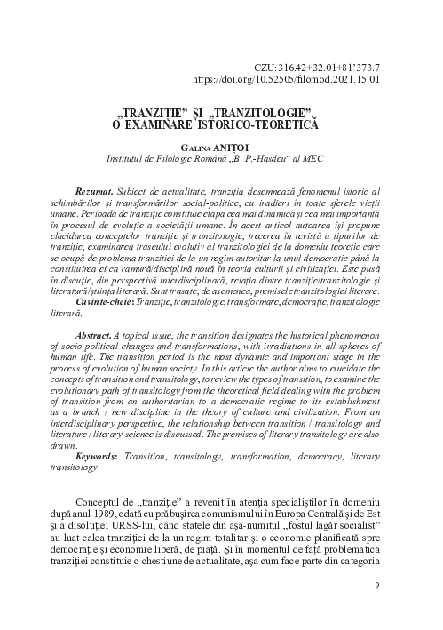 (PDF) „Tranziție” și „tranzitologie”. O examinare istorico-teoretică