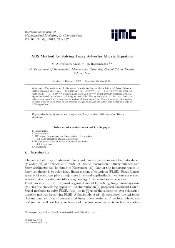 (PDF) ABS Method for Solving Fuzzy Sylvester Matrix Equation