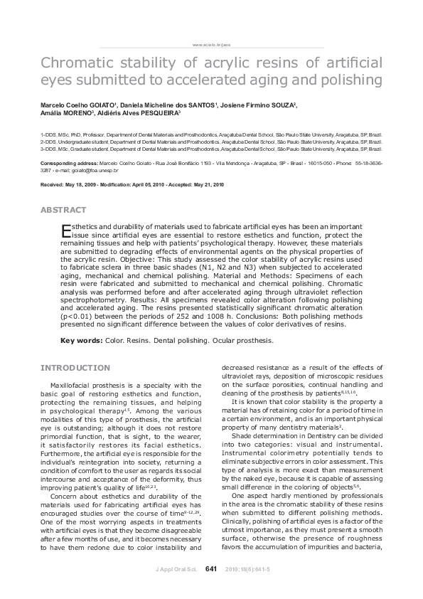 (PDF) Chromatic stability of acrylic resins of artificial eyes ...