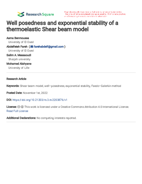 (PDF) Well posedness and exponential stability of a thermoelastic Shear ...