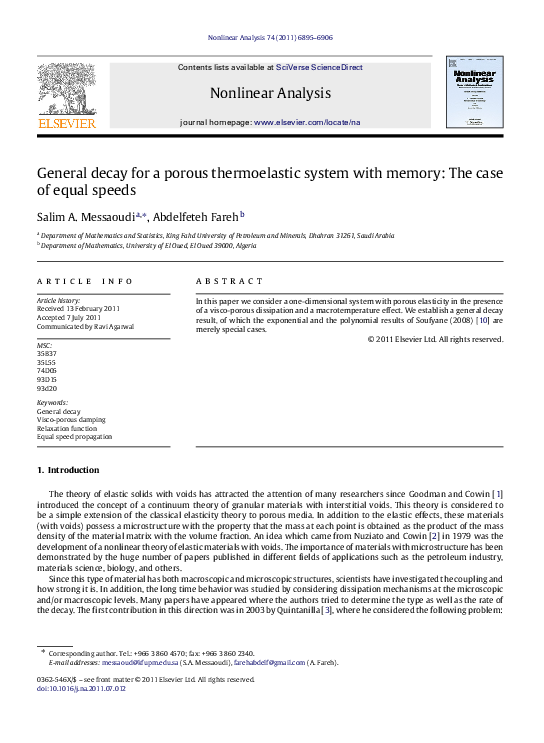 (PDF) General decay for a porous thermoelastic system with memory: The ...