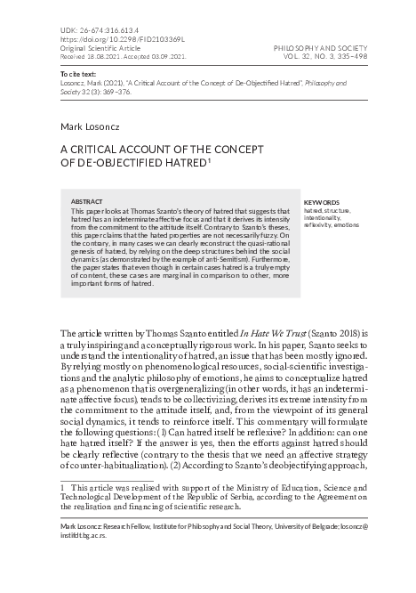 (PDF) A CRITICAL ACCOUNT OF THE CONCEPT OF DE-OBJECTIFIED HATRED