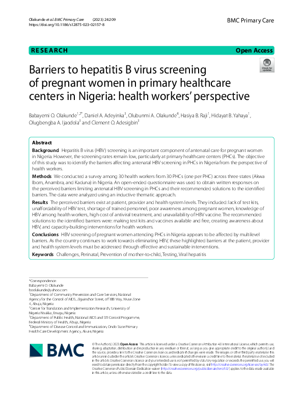 (PDF) Barriers to hepatitis B virus screening of pregnant women in ...