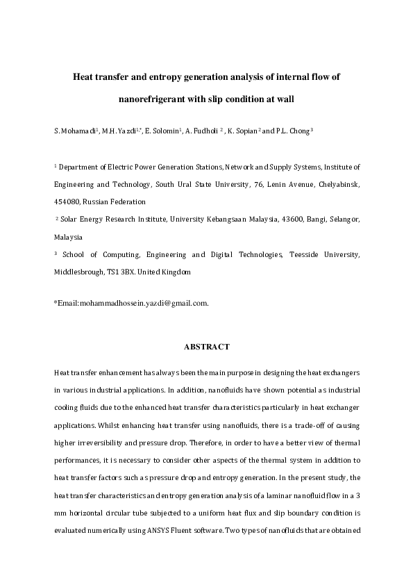 (PDF) Heat transfer and entropy generation analysis of internal flow of ...