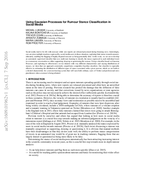 (PDF) Using Gaussian Processes for Rumour Stance Classification in ...