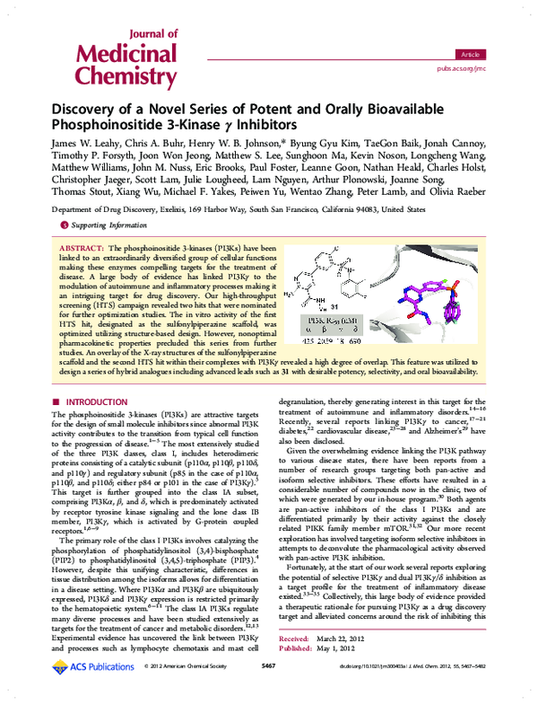 Discovery of a Novel Series of Potent and Orally Bioavailable Phosphoinositide 3-Kinase γ Inhibitors