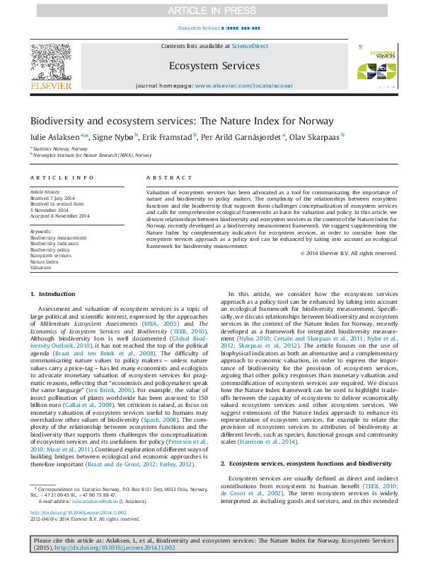 (PDF) Biodiversity and ecosystem services: The Nature Index for Norway
