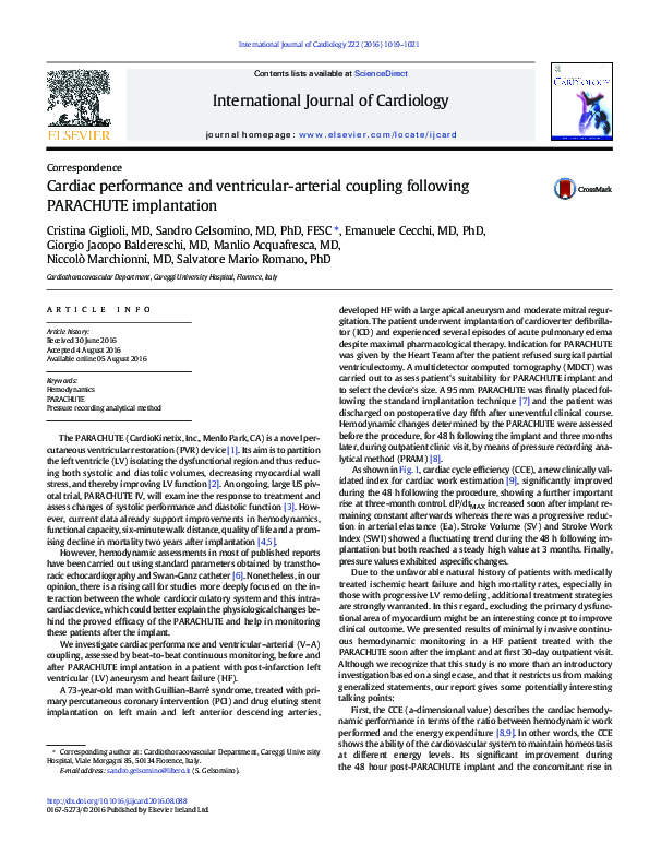(PDF) Cardiac Performance and Ventricular-Arterial Coupling Following ...