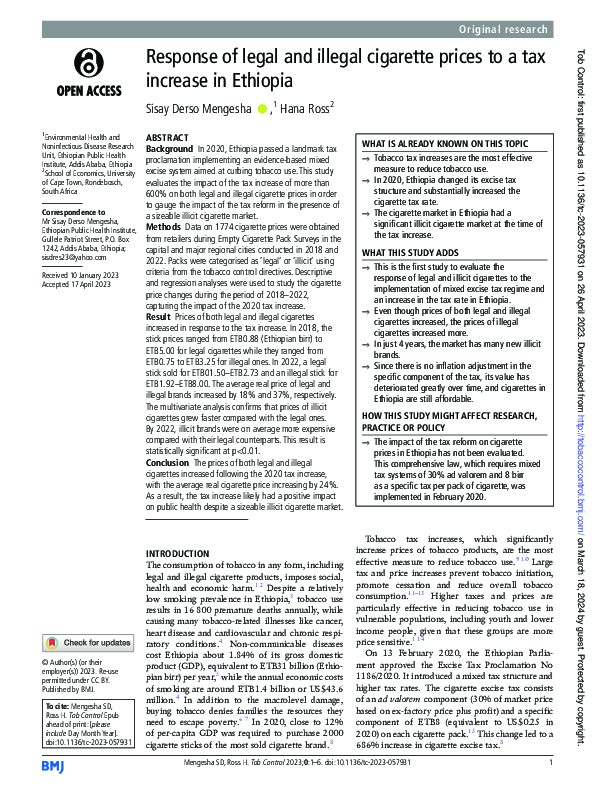 PDF) Response of legal and illegal cigarette prices to a tax increase in  Ethiopia