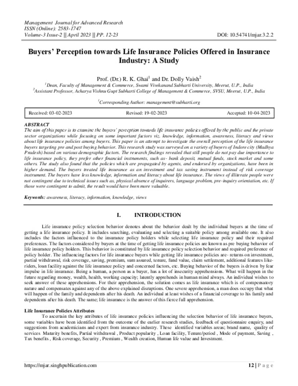 (PDF) Buyers’ Perception towards Life Insurance Policies Offered in ...