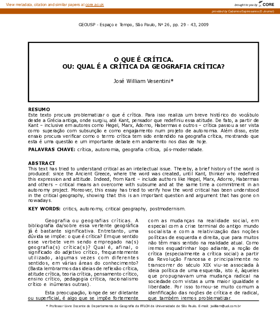 (PDF) O Que É Crítica. Ou: Qual É a Crítica Da Geografia Crítica?