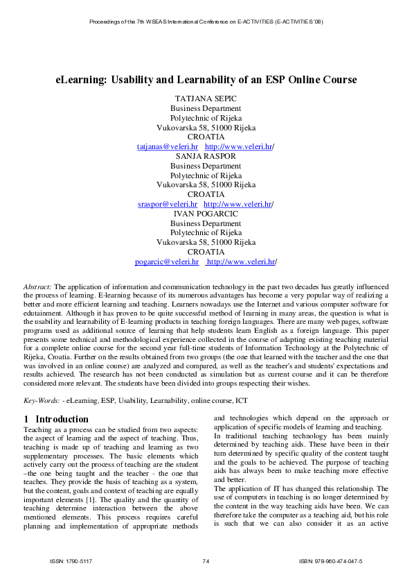 (PDF) eLearning: Usability and Learnability of an ESP Online Course