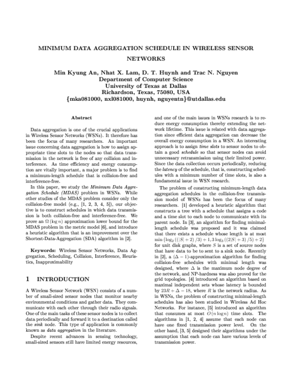 (PDF) Minimum data aggregation schedule in wireless sensor networks