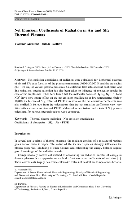 (PDF) Net Emission Coefficients of Radiation in Air and SF6 Thermal Plasmas