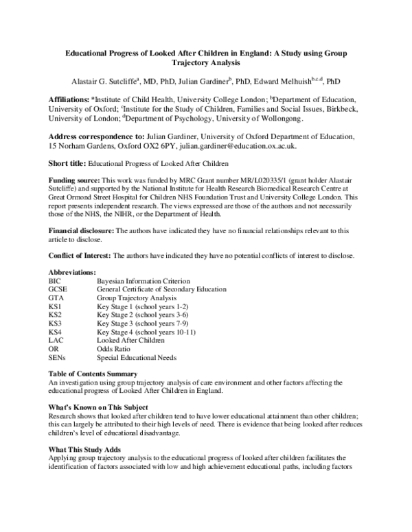 Educational Progress of Looked-After Children in England: A Study Using Group Trajectory Analysis