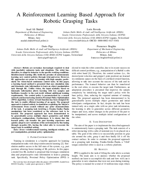 (PDF) A Reinforcement Learning Based Approach for Robotic Grasping Tasks