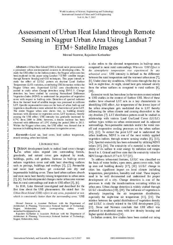 (PDF) Assessment Of Urban Heat Island Through Remote Sensing In Nagpur ...