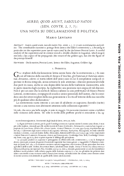 "Aureo, quod aiunt, saeculo natos" (Sen. contr. 2, 7, 7): una nota su declamazione e politica, in "Vichiana", 61, 2024, pp. 103-110