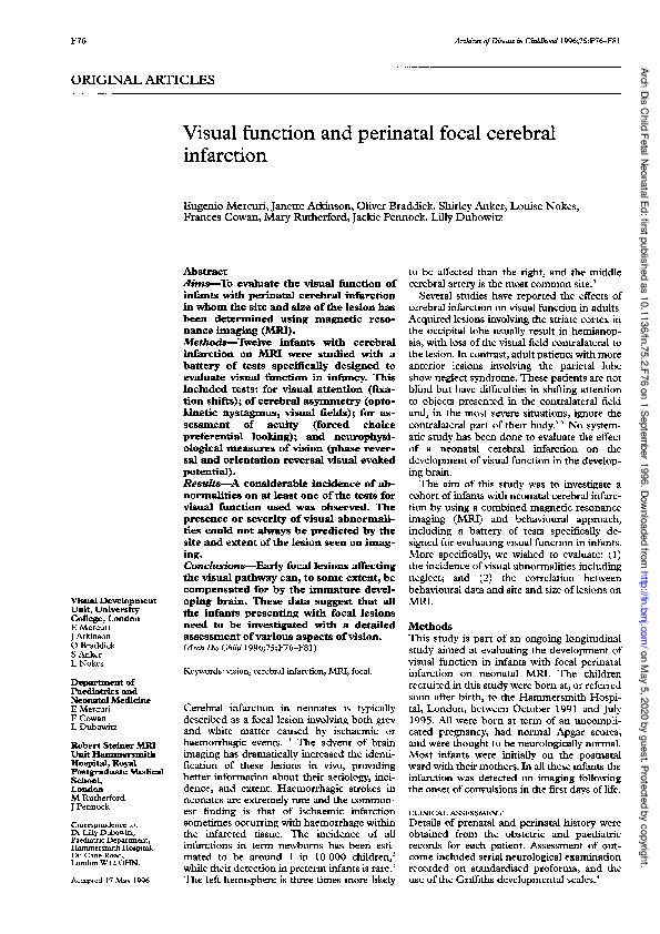 (PDF) Visual function and perinatal focal cerebral infarction