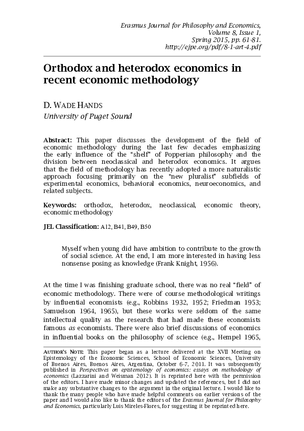 Orthodox and heterodox economics in recent economic methodology