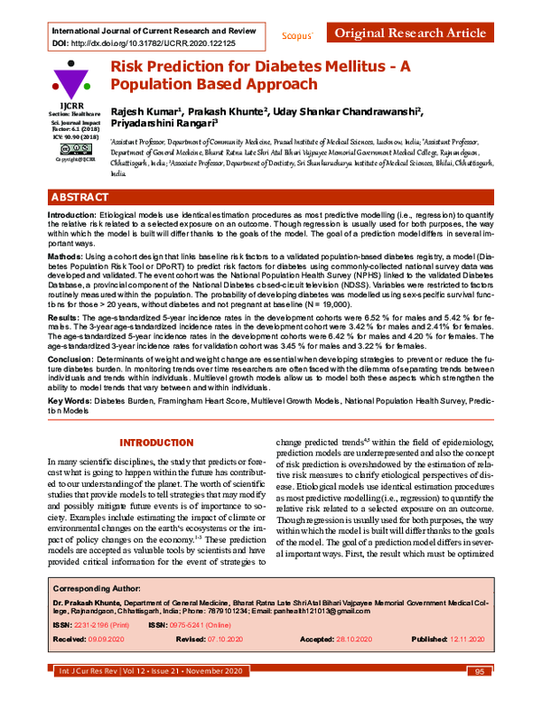 (PDF) Risk Prediction for Diabetes Mellitus - A Population Based Approach