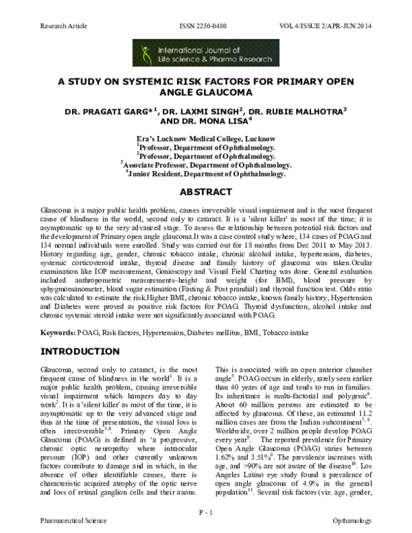 (PDF) A Study on Systemic Risk Factors for Primary Open Angle Glaucoma