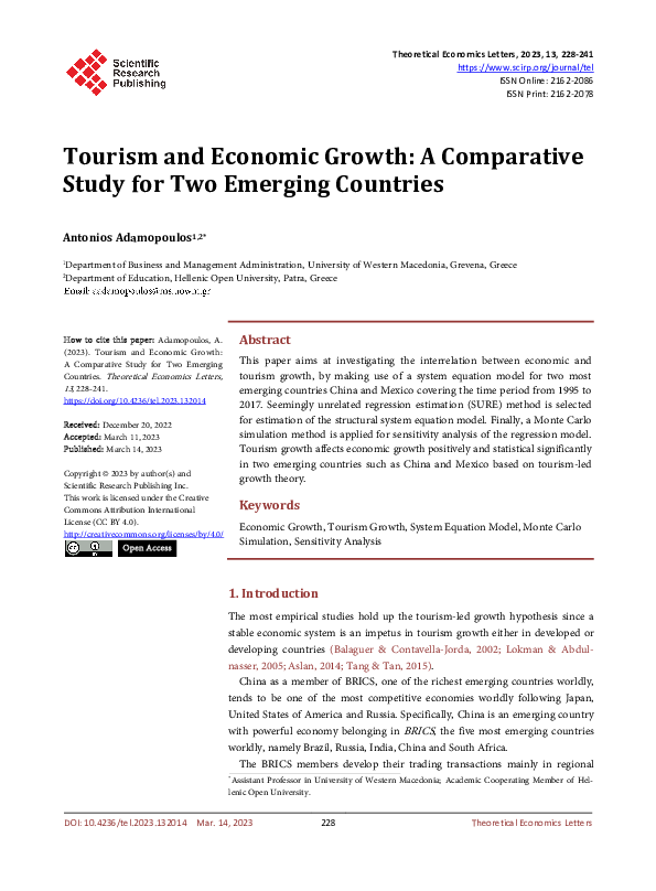 (PDF) Tourism and Economic Growth: A Comparative Study for Two Emerging ...