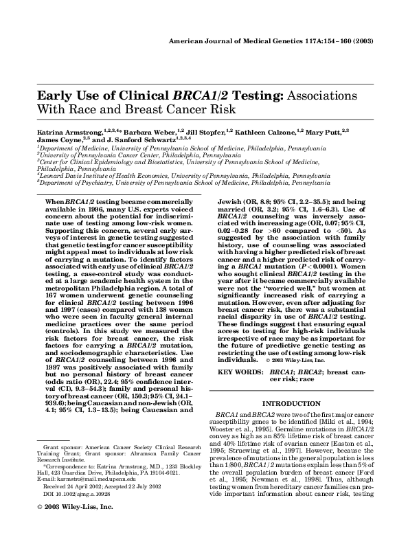Early use of clinical BRCA1/2 testing: Associations with race and breast cancer risk